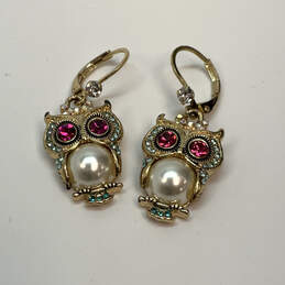 Designer Betsey Johnson Gold-Tone Multicolor Pearl Owl Drop Earrings alternative image