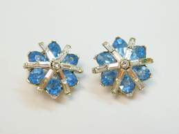 VTG Crown Trifari Silver Tone Blue & Clear Rhinestone Flower Clip Earrings 16.8 alternative image