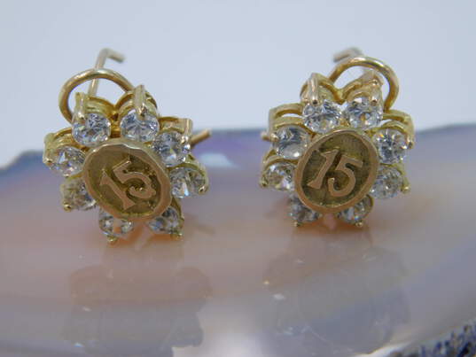 Vintage 14K Yellow Gold CZ 15 Years Omega Pierced Earrings 4.5g image number 5