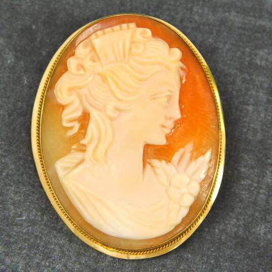 Vintage 14k Yellow Gold Cameo Shell Pendant Brooch 4.9g image number 1