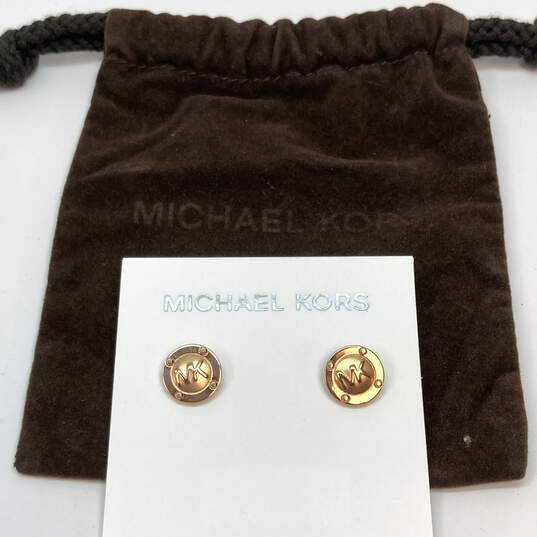 Designer Michael Kors Gold-Tone MK Logo Round Stud Earrings w/ Dustbag image number 1