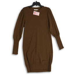 NWT Womens Brown Crew Neck Ribbed Cuff Long Sleeve Sweater Dress Size M