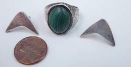 925 Taxco Mexico Malachite Ring & Geometric Post Earrings 17.5g alternative image
