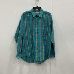 Mens Blue Plaid Pleated Long Sleeve Collared Button-Up Shirt Size Large
