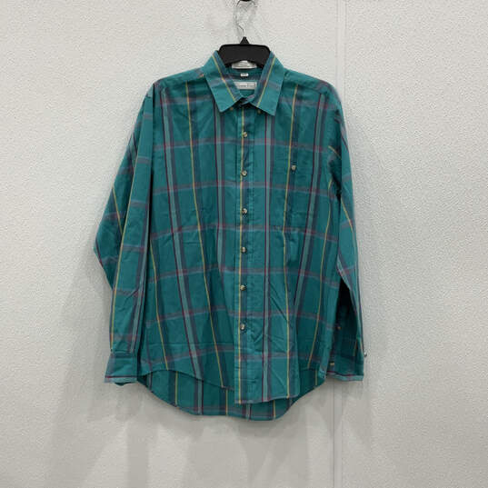 Mens Blue Plaid Pleated Long Sleeve Collared Button-Up Shirt Size Large image number 1