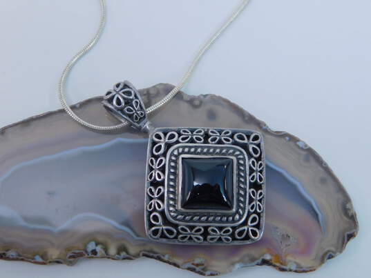 Artisan 925 Onyx Square Pendant Necklace Marquise Cabochon & Inlay Granulated Drop Earrings & Band Ring 29g image number 3