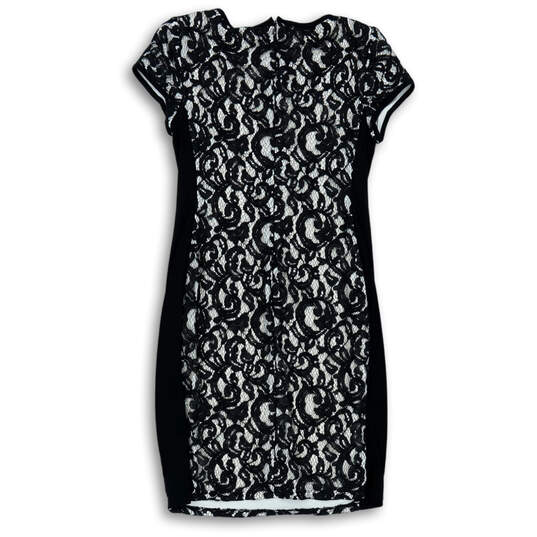 Womens Black Floral Lace Cap Sleeve Round Neck Short Sheath Dress Size 10 image number 2