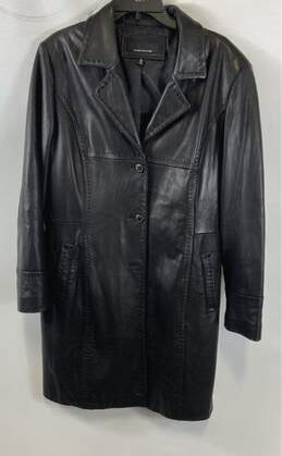Jones New York Womens Black Leather Long Sleeve Collared Trench Coat Size XL