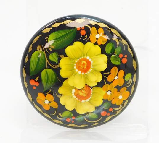 Vintage Ukrainian Hand Painted Golden & Colorful Floral Wood Circle Brooches Variety 16g image number 2