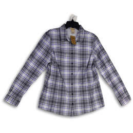 NWT Womens Blue White Plaid Long Sleeve Button-Up Shirt Size Large