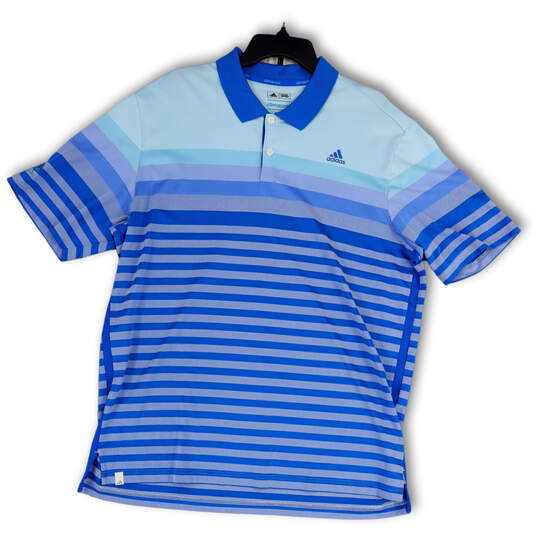 Mens Blue Striped Climacool Short Sleeve Spread Collar Polo Shirt Size XL image number 1