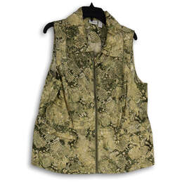 Womens Green Animal Print Collared Sleeveless Full-Zip Vest Size 3