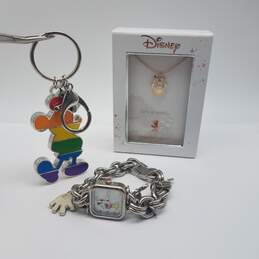 Disney Mickey Mouse Necklace, Charmed Quartz watch, and rainbow keychain collection