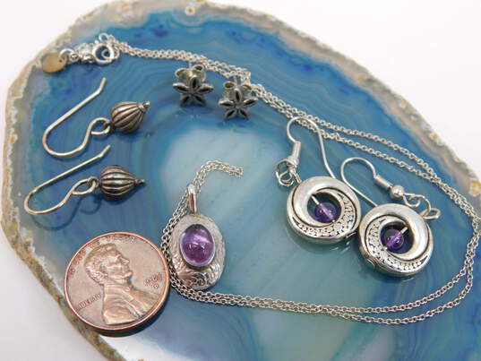 Artisan 925 Amethyst Cabochon Etched Floral Filigree Pendant Necklace & Bead Dotted Circle & Teardrop Drop & Flower Post Earrings 9.8g image number 8