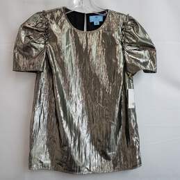 Metallic silver short sleeve loose fit puff sleeve blouse XXS nwt