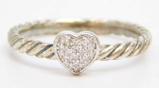 David Yurman Sterling Silver Diamond Accent Pave Heart Cable Ring 2.1g image number 2