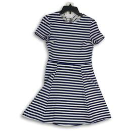 Divided Womens Blue White Striped Round Neck Short Sleeve Fit & Flare Dress Sz 6