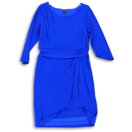 Womens Blue Draped Long Sleeve Round Neck Knee Length Sheath Dress Size 14 image number 1