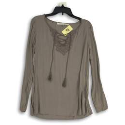 NWT Womens Gray Long Sleeve Tie Neck Pullover Blouse Top Size XS