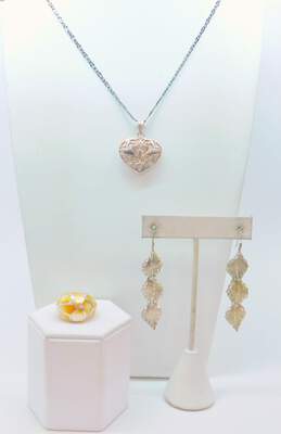 Romantic 925 Open Scrolled Heart Pendant Unique Chain Necklace Etched Leaves Drop Earrings & Yellow Mother of Pearl Mosaic Dome Band Ring 28g