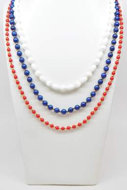 Vintage & Trifari Goldtone Americana Red White & Blue Plastic Beaded Layering Necklaces 84.8g