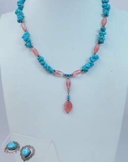 QT & Artisan 925 Southwestern Faux Turquoise & Pink Glass Beaded Lariat Necklace & Turquoise Heart Stamped Post Earrings 36g