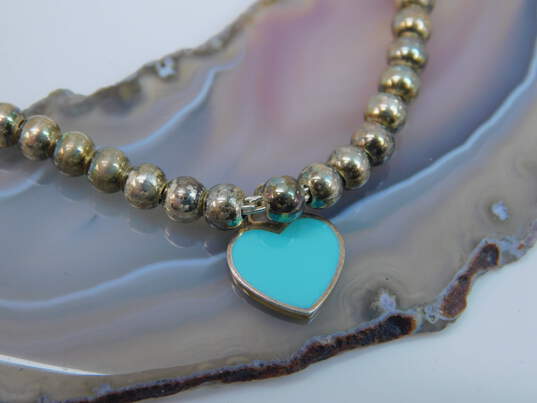 925 Tiffany & Co. Blue Enamel Heart Tag Ball Bead Bracelet W/ Pouch image number 4