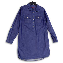 Womens Blue Denim Spread Collar Long Sleeve Flap Pockets Shirt Dress Sz XL