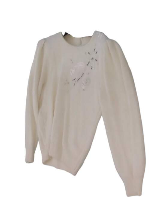 Womens White Wool Long Sleeve Crew Neck Pullover Sweater Free Size image number 2