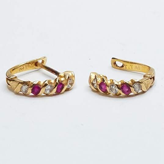 14K Gold Cubic Zirconia & Ruby Hoop Earrings Damage 1.9g image number 3