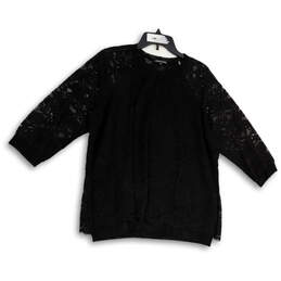 Womens Black Floral Lace Overlay 3/4 Sleeve Pullover Blouse Top Size Large