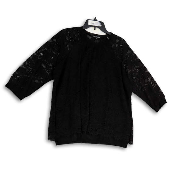 Womens Black Floral Lace Overlay 3/4 Sleeve Pullover Blouse Top Size Large image number 1