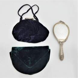 Vintage Silver Plate Art Nouveau Vanity Mirror & Velvet Clutch Purse Handbags