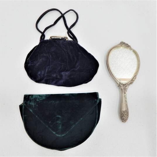 Vintage Silver Plate Art Nouveau Vanity Mirror & Velvet Clutch Purse Handbags image number 1