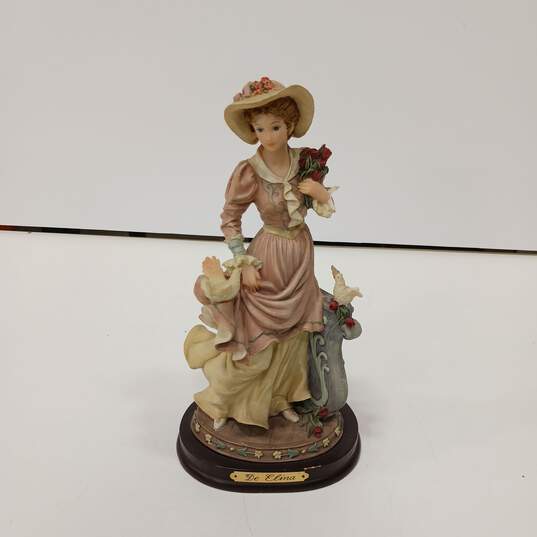 Vintage De Elina Figurine 'Woman w/Flowers' & Wooden Base image number 1