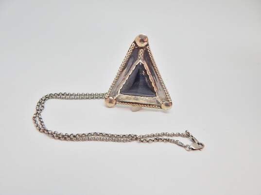 Star Signed 925 Hawks Eye Cabochon Domes & Granulated Triangle Unique Pendant Brooch Rolo Chain Necklace 26.5g image number 2