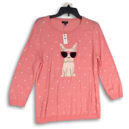 NWT Talbots Womens Pink Embroidered Round Neck Long Sleeve Pullover Sweater LP