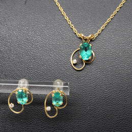 Gold Filled Green Glass CZ Accent Pendant Necklace & Earrings - 2.1g
