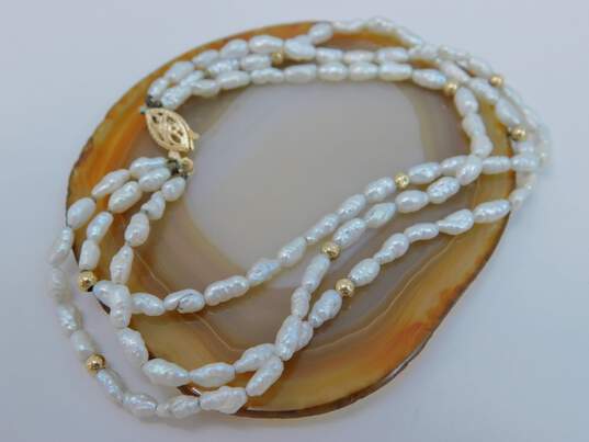 14K Gold Clasp & Ball & White Pearls Beaded Multi Strand Bracelet 7.3g image number 3