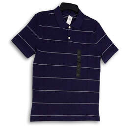 NWT Mens Blue White Striped Short Sleeve Collared Golf Polo Shirt Size S