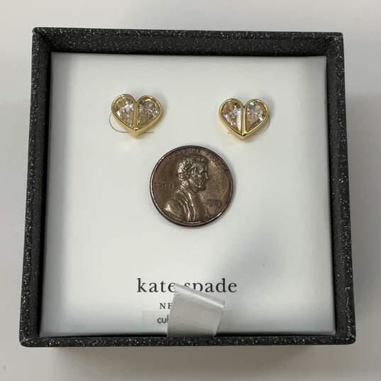 Designer Kate Spade Gold-Tone Heart Shape Crystal Cut Stone Stud Earrings image number 4