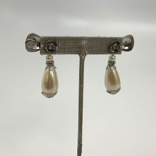 Designer Kirks Folly Silver-Tone Shiny Pearl And Crystal Bow Drop Earrings image number 3