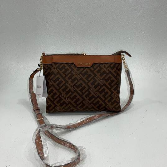 NWT Womens Brown Signature Print Leather Adjustable Strap Crossbody Bag image number 1