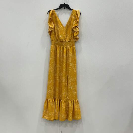 NWT Express Womens Yellow White Ruffle Sleeveless V-Neck Maxi Dress Size Medium image number 1