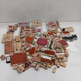 Bundle of Assorted Wooden Rubber Stamps & Craft Brads