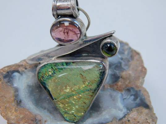Artisan 925 Pink & Green Tourmaline & Dichroic Art Glass Cabochons Abstract Pendant Necklace & Omega Chain Band Ring 23.1g image number 3
