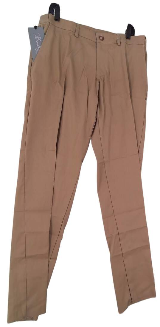 NWT Mens Khaki Flat Front Pocket Straight Leg Formal Dress Pants image number 1
