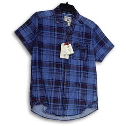 NWT Womens Blue Denim Plaid Short Sleeve Collared Button-Up Shirt Size S