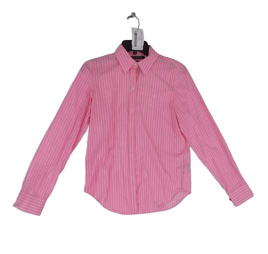 Mens Pink Full Sleeve Spread Collar White Strip Button Up Shirt Size Small image number 1