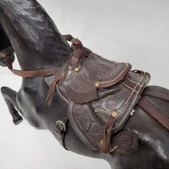VTG Leather Wrapped Statue Figure w Saddle & Stirrup Dark Brown Horse 16 x 19 image number 5